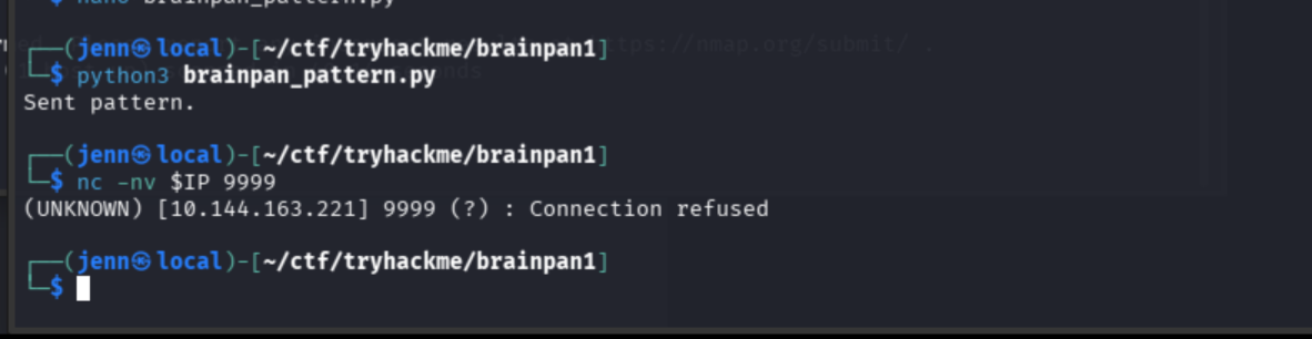 1000-byte cyclic pattern sent and service crashed, confirming overflow in the control area